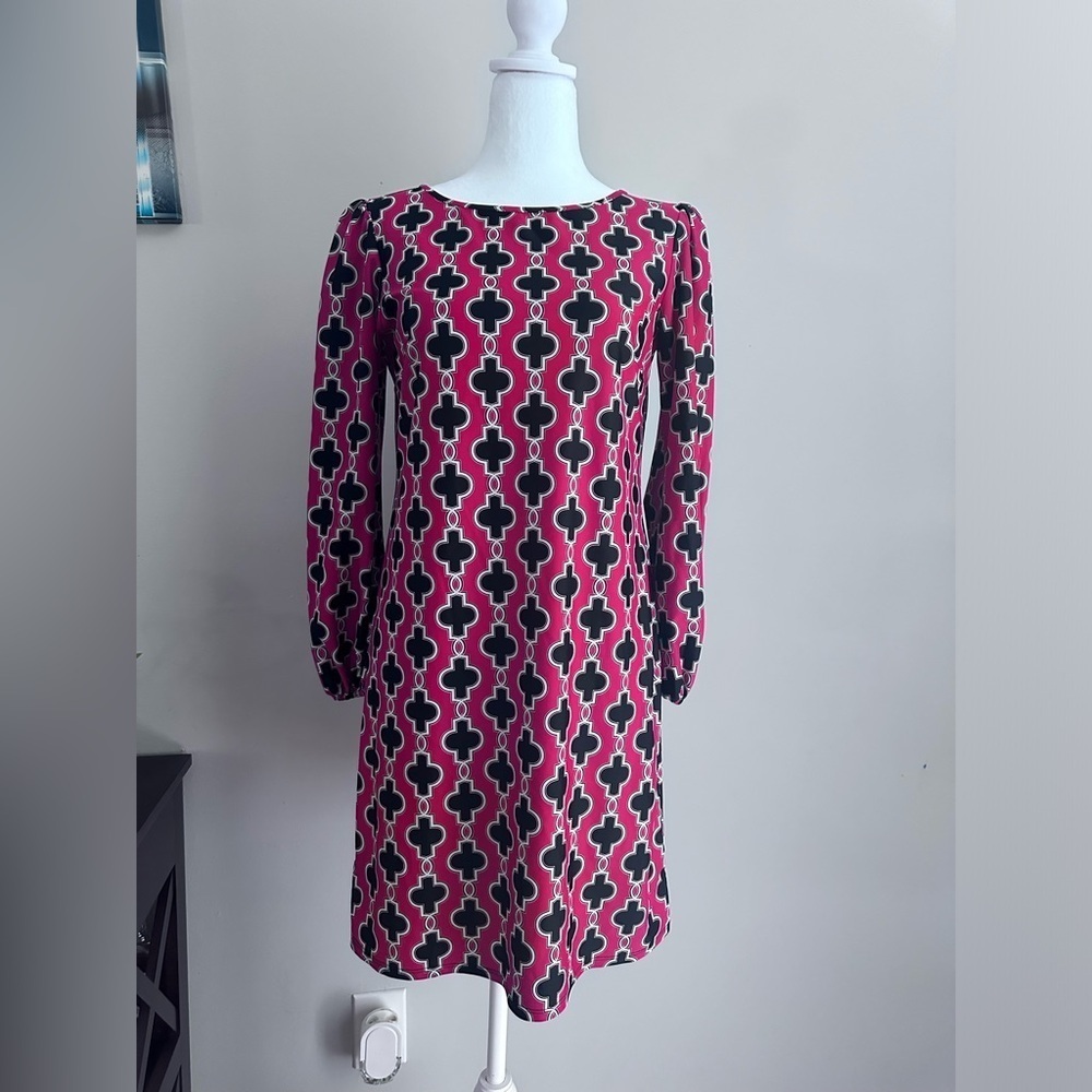 Jude Connally Shift Dress Womens Small Red Black 3/4 Sleeves Boatneck Stretch